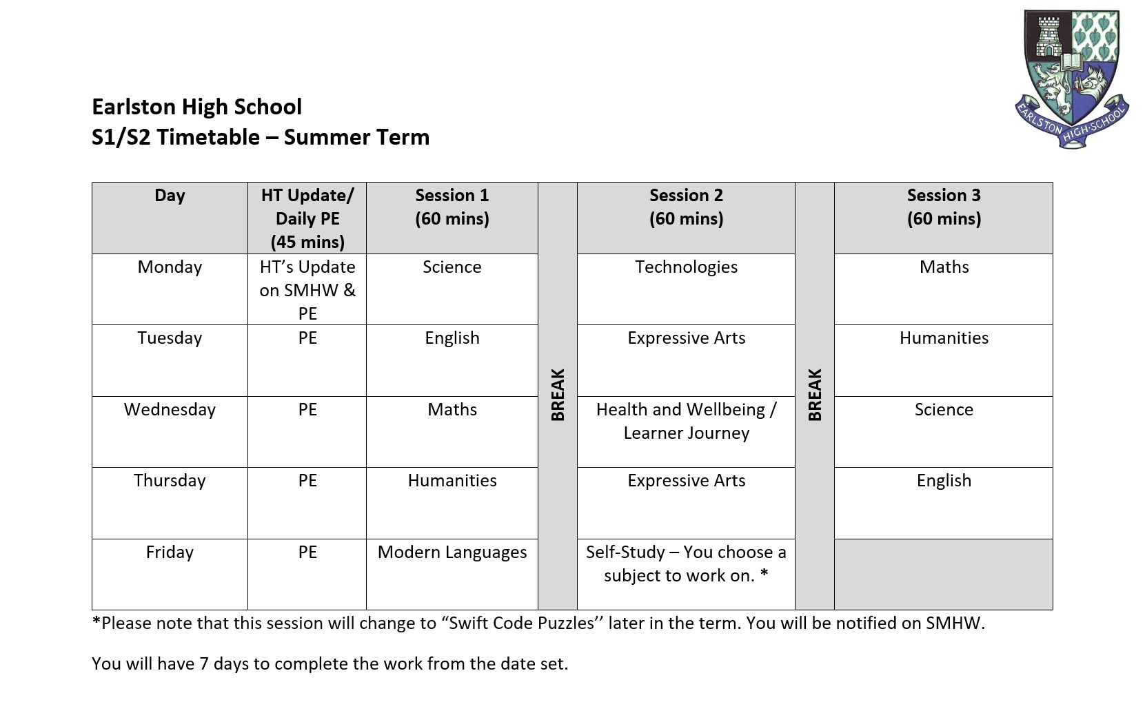 S1 S2 Timetable